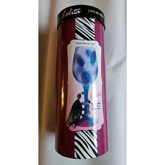 Lolita Love My Wine “Ostentatious, Too” 15 oz Peacock Hand Painted Wine Glass - Picture 1 of 6